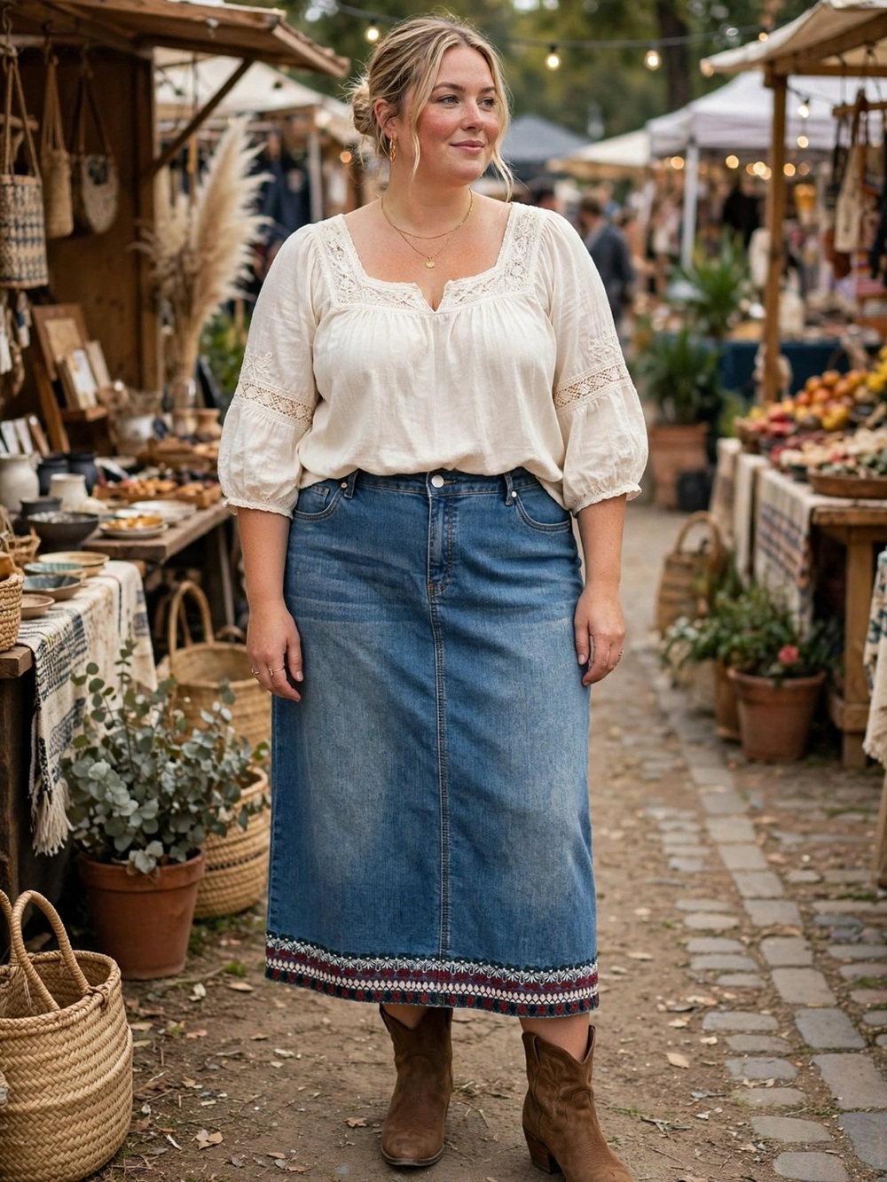 CJ Banks Denim Midi Skirt Embroidered Folk Border Hem Plus Size Boho Size 18W